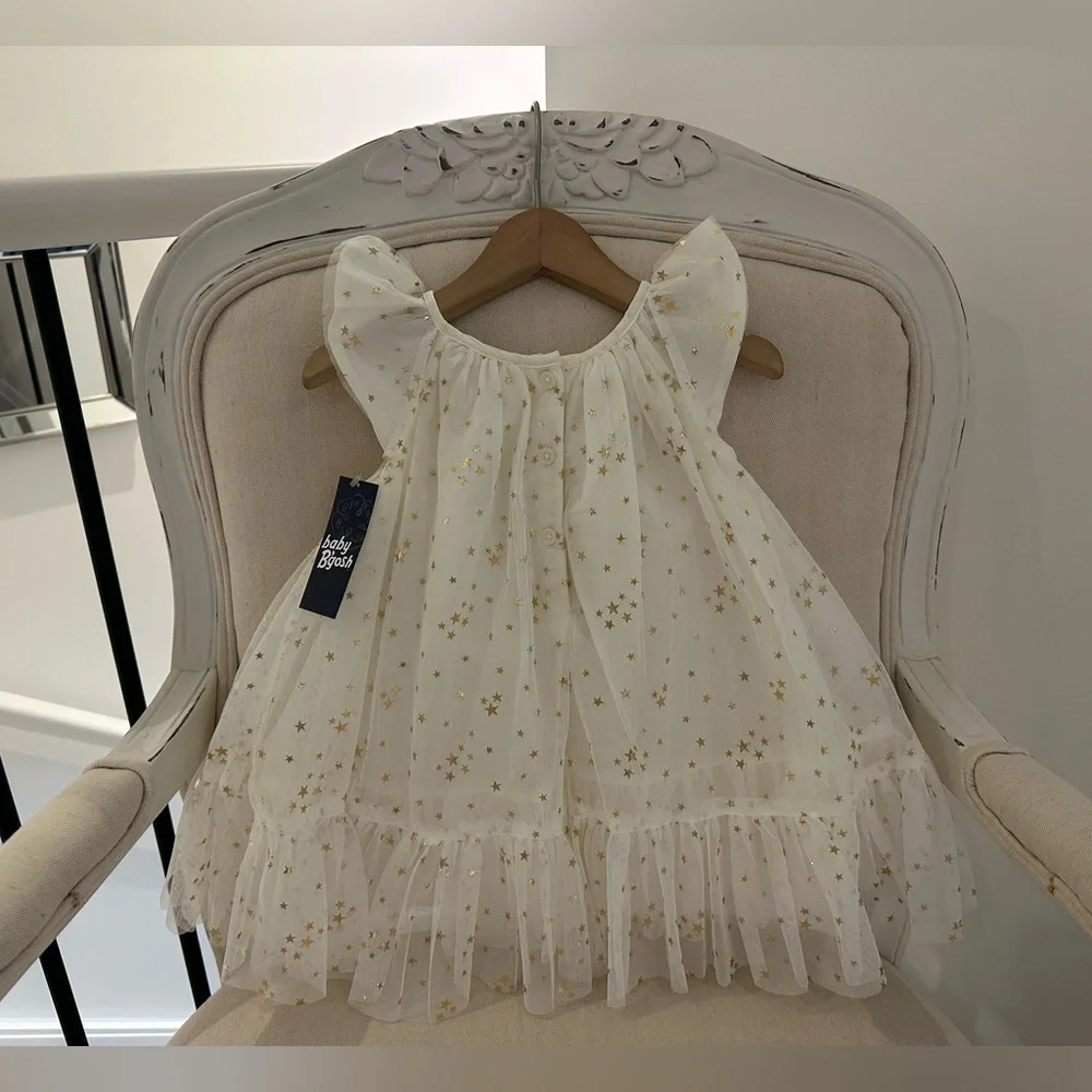 🦢 12 Mth Oshkosh Ivory Tulle Fancy Dress with Gold Star Details NWT - Picture 3 of 14